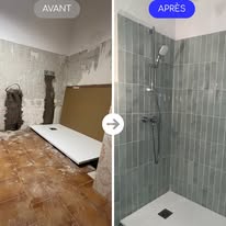 Avant et après la rénovation d’une douche, du chantier au carrelage gris terminé
